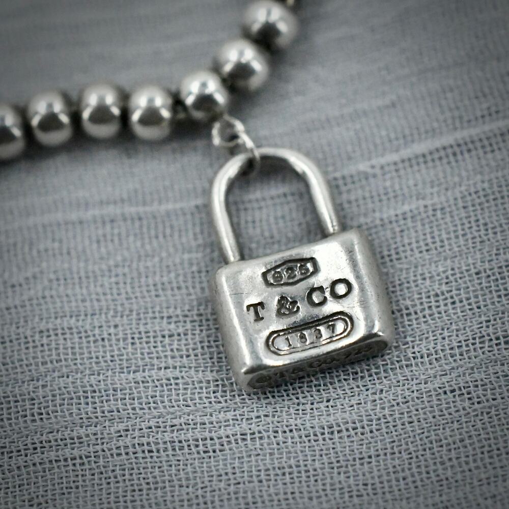 Tiffany & Co 1837 Padlock Bead Bracelet 925 Sterling Silver Ball Chain - Picture 4 of 6